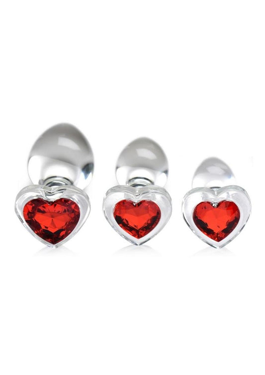 Booty Sparks Red Heart Gem Glass Plug - Clear/Red - Large/Medium/Small - 3pc/Set