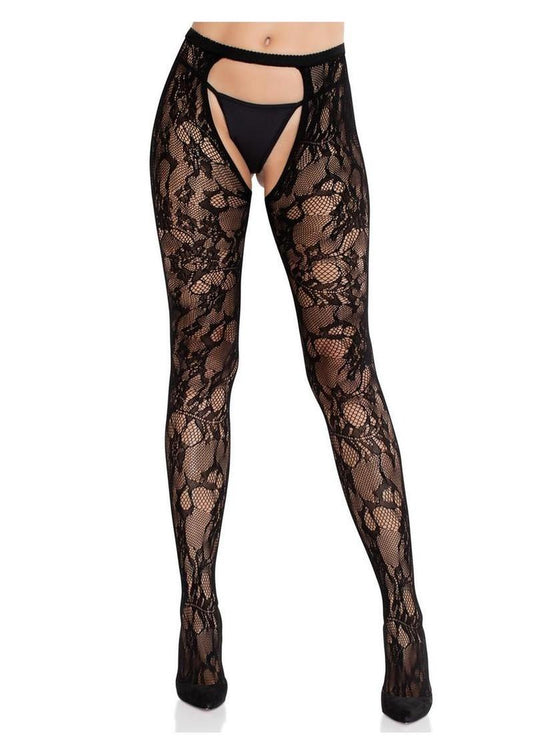 Eyelet Rose Lace Crotchless Tights with Cheeky Open Back - Black - One Size