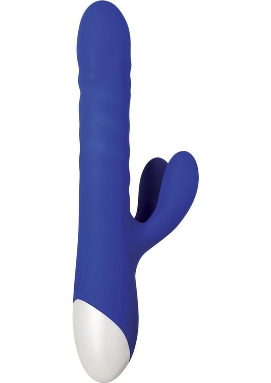 Grand Slam Thrusting and Twirling Rechargeable Silicone Vibrator with Clitoral Stimulator - Blue