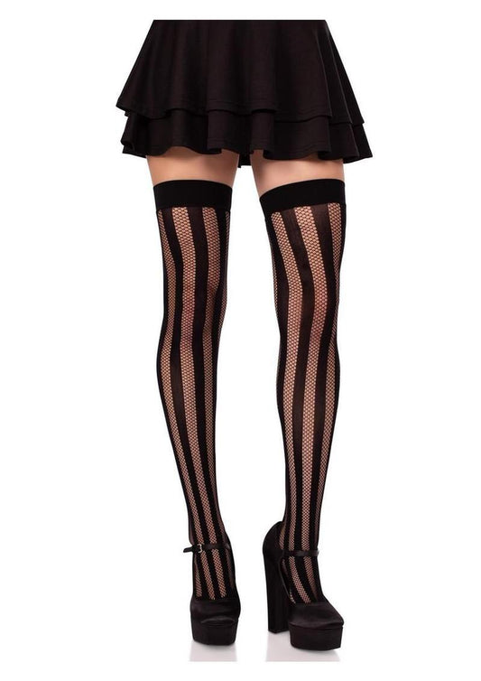 Leg Avenue Net and Opaque Striped Thigh Highs - Black - One Size