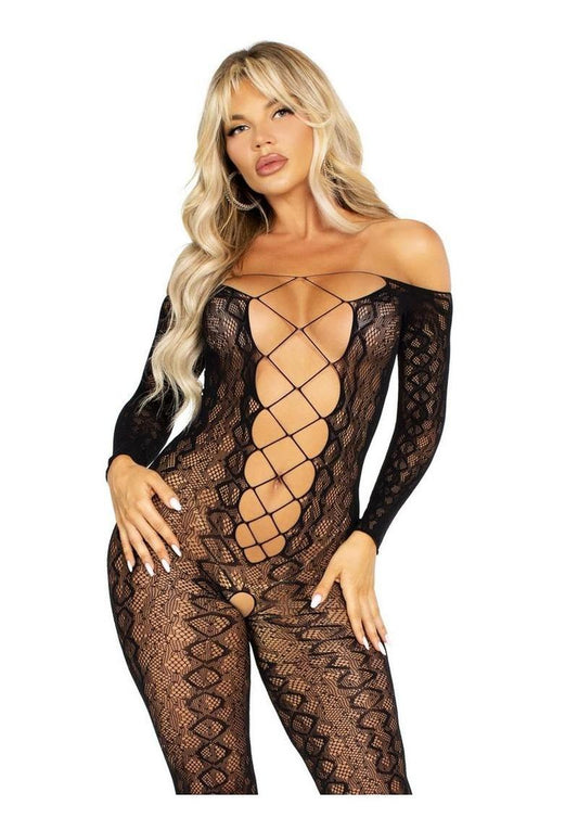 Leg Avenue Python Net Crotchless Footless Lingerie Jumpsuit with Faux Lace Up Detail - Black - One Size