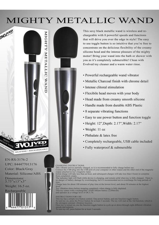Mighty Metallic Wand Rechargeable Silicone Body Massager - Black/Metal