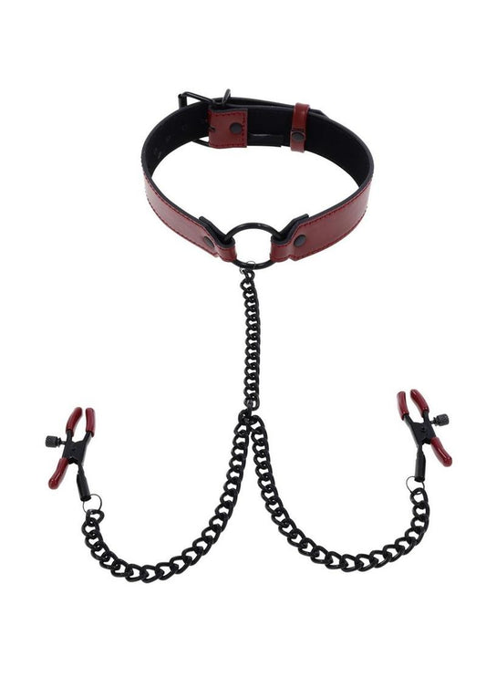 Saffron Collar with Nipple Clamp - Black/Red