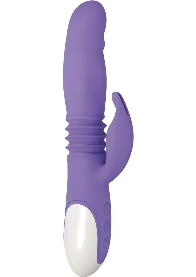Thick and Thrust Bunny Rechargeable Silicone Rabbit Vibrator with Length Thrusting and Girth Expanding Action - Lavender/Purple