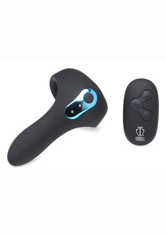 Trinity Men 7x Rechargeable Silicone Cock Ring with Taint Stimulator and Remote Control - Black