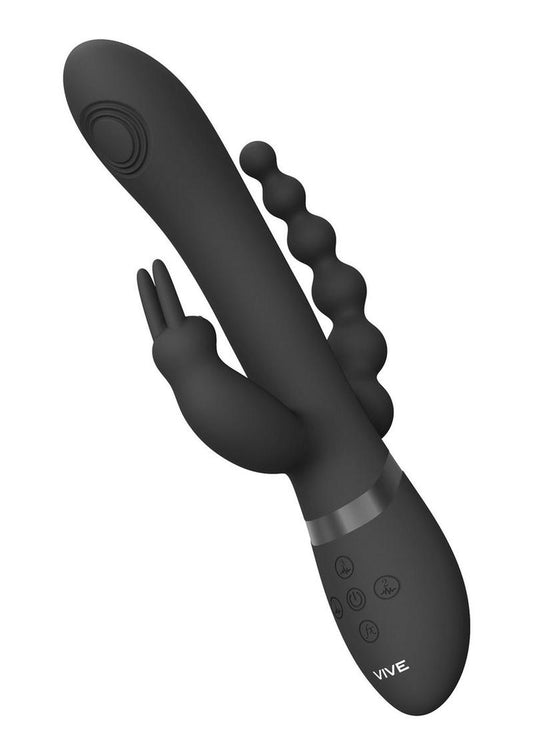 Vive Rini Rechargeable Silicone Pulse Wave and Vibrating Double Penetration Rabbit - Black