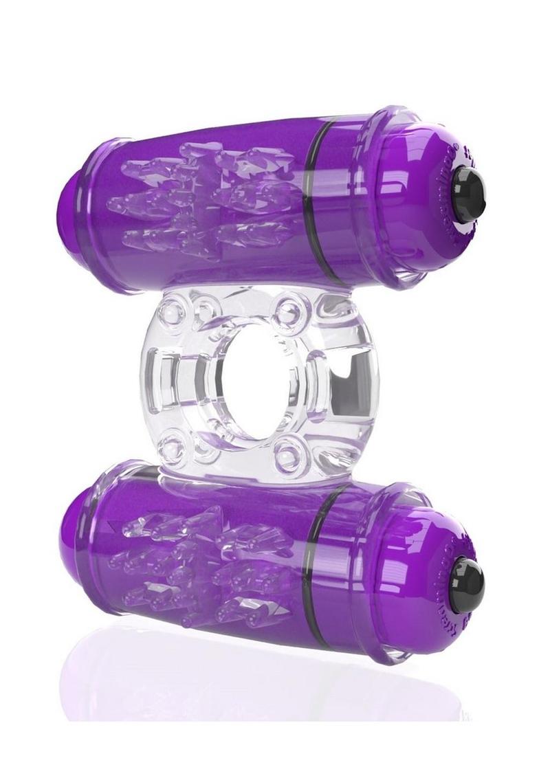 4t Double Wammy Silicone Rechargeable Dual Vibrating Couples Cock Ring - Grape/Purple