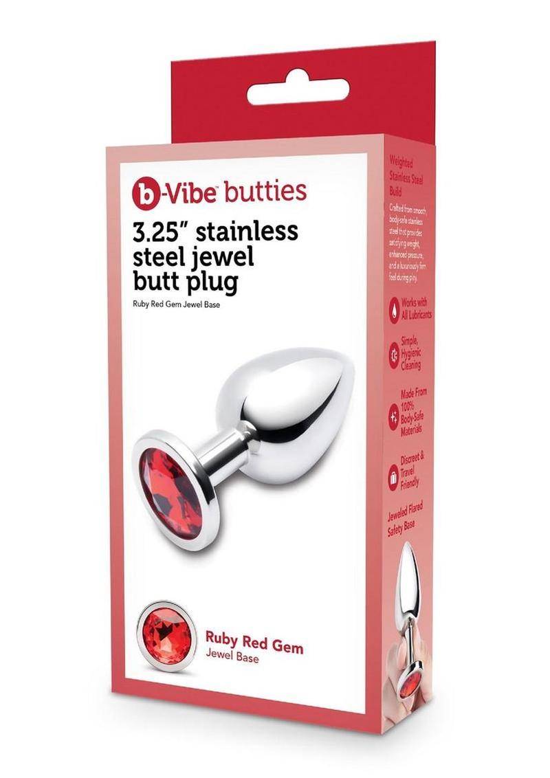B-Vibe Stainless Steel Jewel Butt Plug - Red/Silver - 3.25in