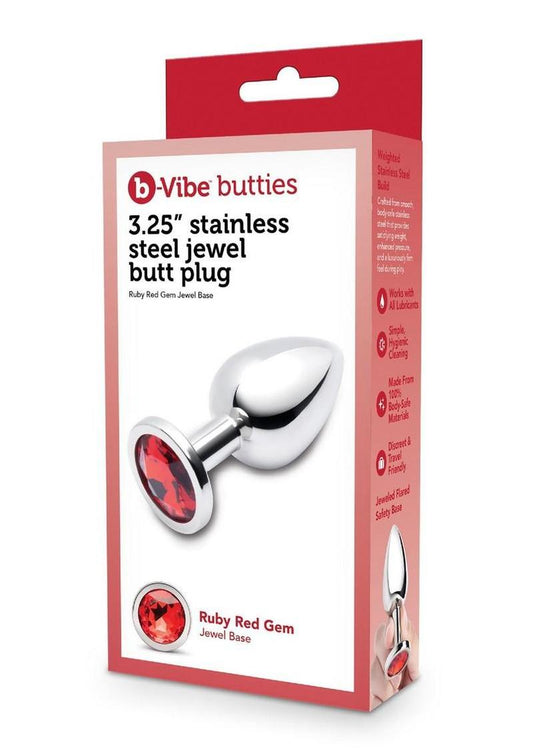 B-Vibe Stainless Steel Jewel Butt Plug - Red/Silver - 3.25in