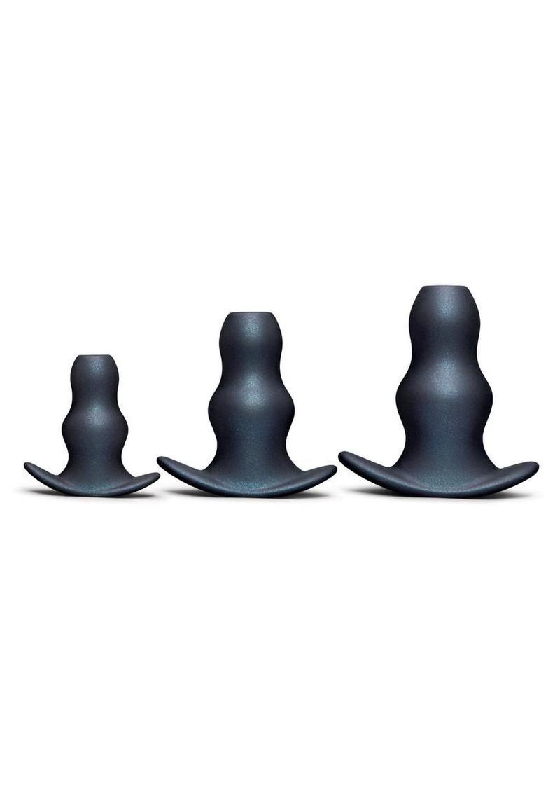 B-Vibe Triple Ripple Hollow Tunnel Plugs Silicone Anal Training - Black - 3 Piece/Set