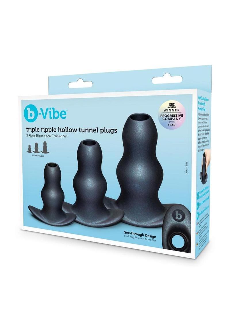 B-Vibe Triple Ripple Hollow Tunnel Plugs Silicone Anal Training - Black - 3 Piece/Set