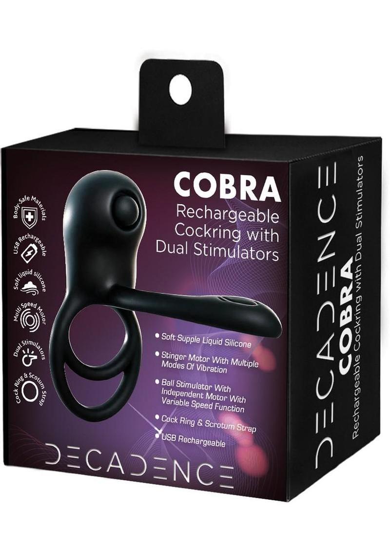 Cobra Rechargeable Silicone Cock Ring with Dual Stimulator - Black