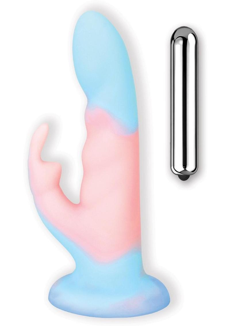 Cotton Candy Cotton Tail Liquid Silicone Rechargeable Vibrating Rabbit Dildo with Suction Cup - Multicolor - 8in