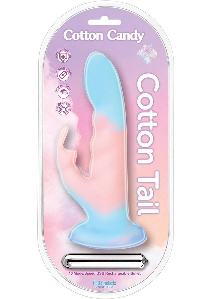 Cotton Candy Cotton Tail Liquid Silicone Rechargeable Vibrating Rabbit Dildo with Suction Cup - Multicolor - 8in