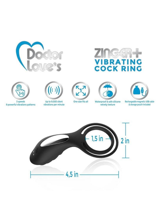 Doctor Love's Zinger Plus Silicone Rechargeable Vibrating Cock Ring - Black