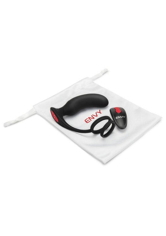 Envy Toys Thumbs Up Remote Controlled Rechargeable Silicone P-Spot Vibrator and Dual Stamina Ring - Black