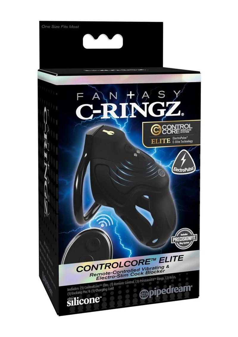 Fantasy C-Ringz Controlcore Elite Remote Control Vibrating and Electro-Stim Rechargeable Silicone Cock Blocker - Black