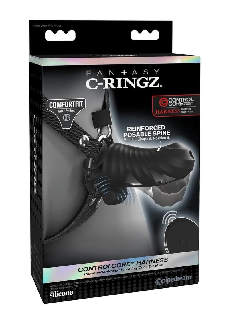 Fantasy C-Ringz Controlcore Harness Remote Control Vibrating Rechargeable Silicone Cock Blocker - Black