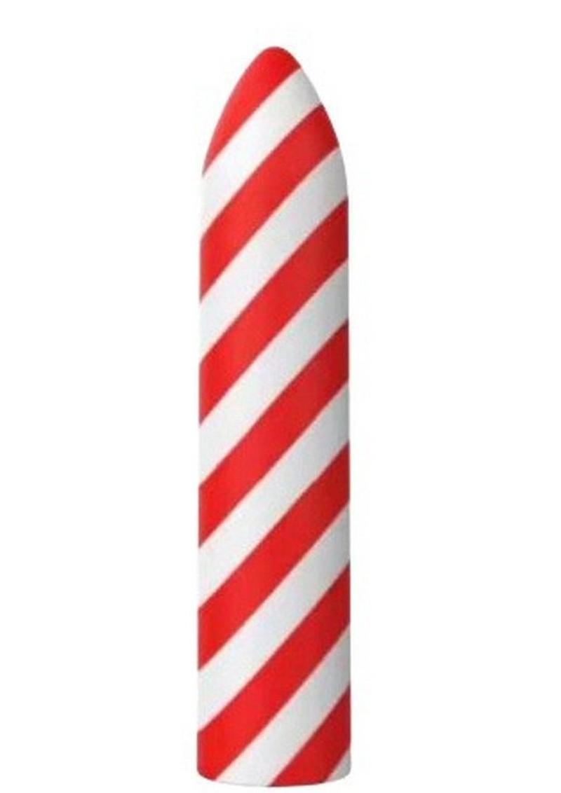 Horny Christmas Santas Little Helper Candy Cane Stripe Rechargeable Silicone Bullet - Red/White