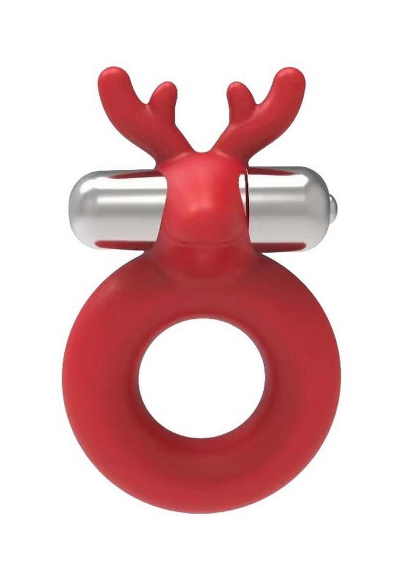 Horny Christmas Santas Little Helper Reindeer Rechargeable Silicone Cock Ring - Red/White