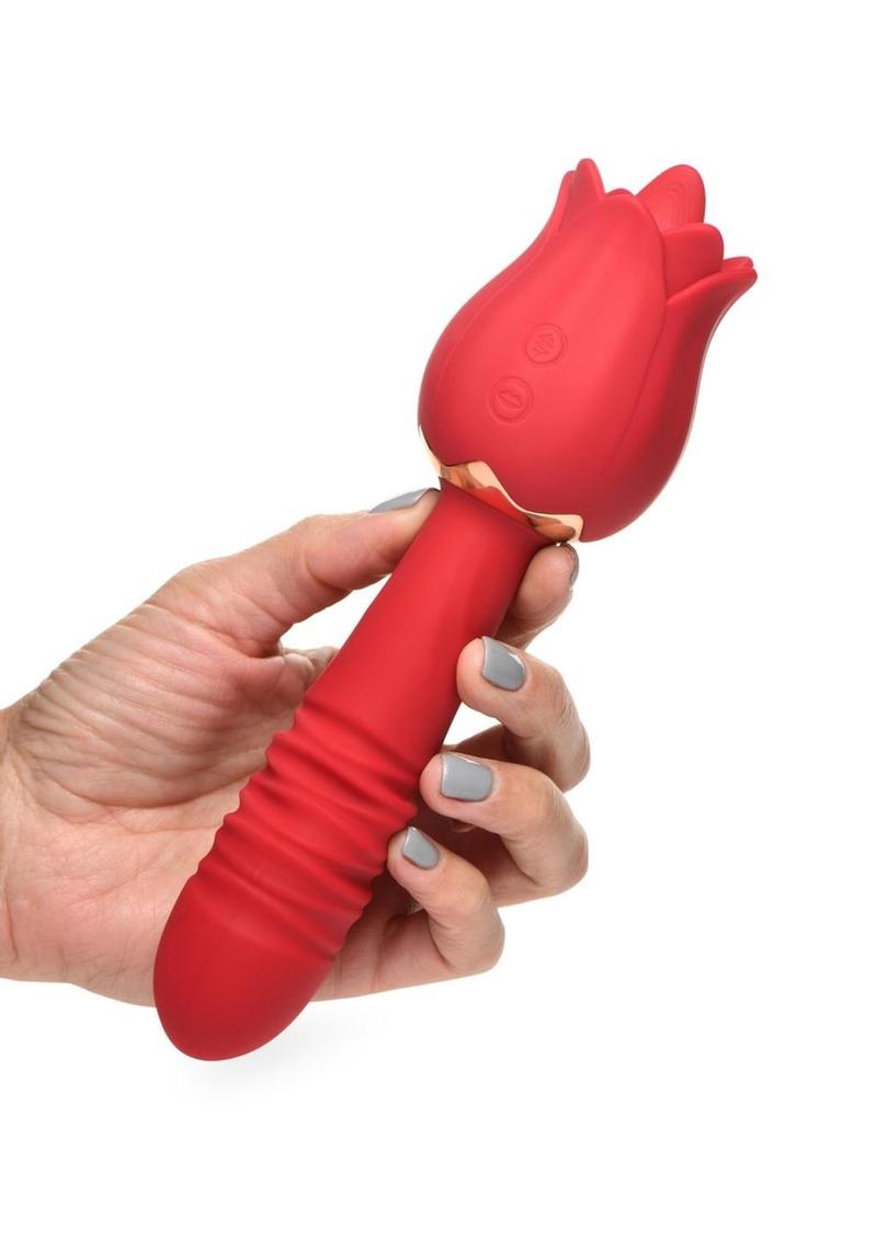 Inmi Bloomgasm Racy Rose Thrusting and Licking Rose Rechargeable Silicone Vibrator - Red