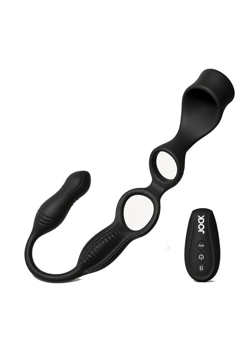 Jock Hype Max Thrusting and Vibrating Rechargeable Silicone Anal Plug with Cock Ring - Black