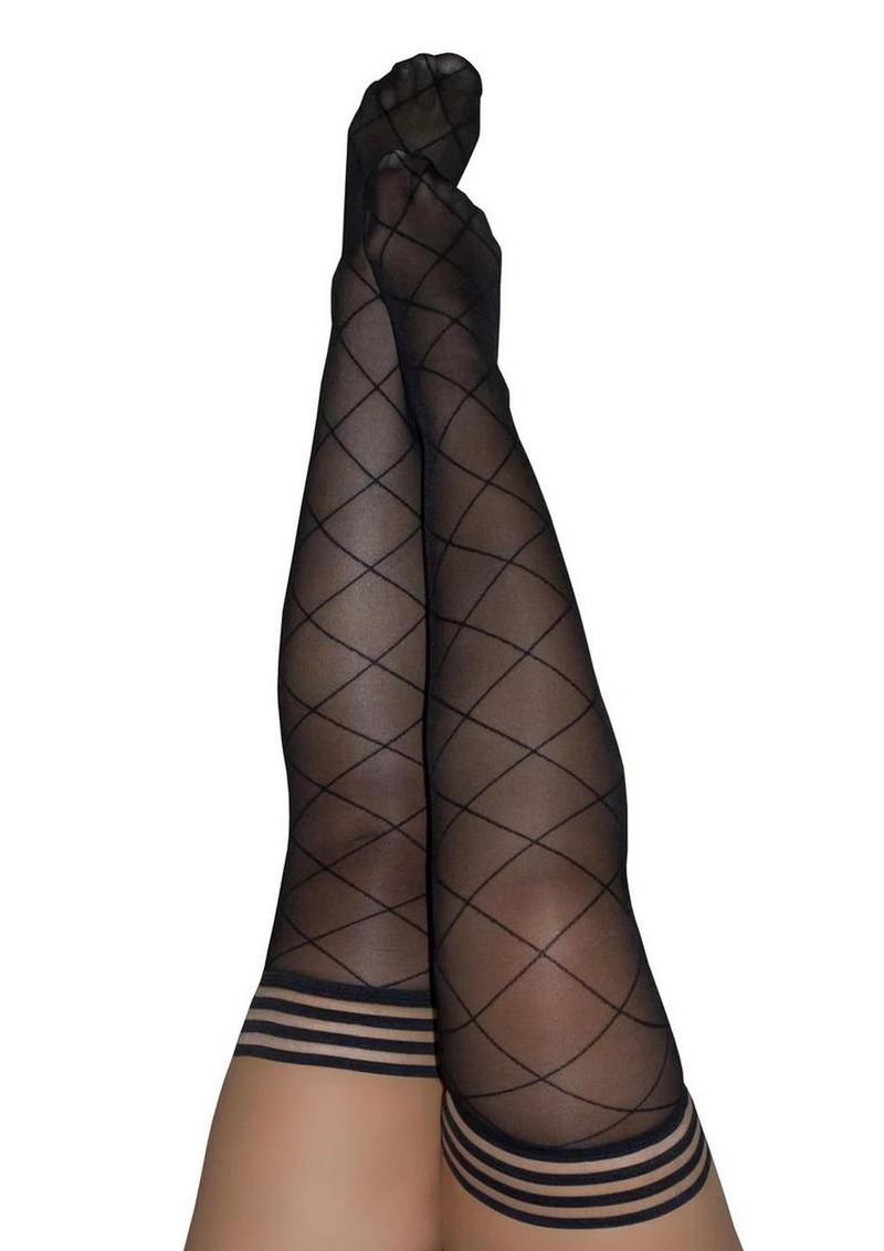Kixies Anna Sheer Diamond Pattern Thigh Highs - Size B - Black - Medium
