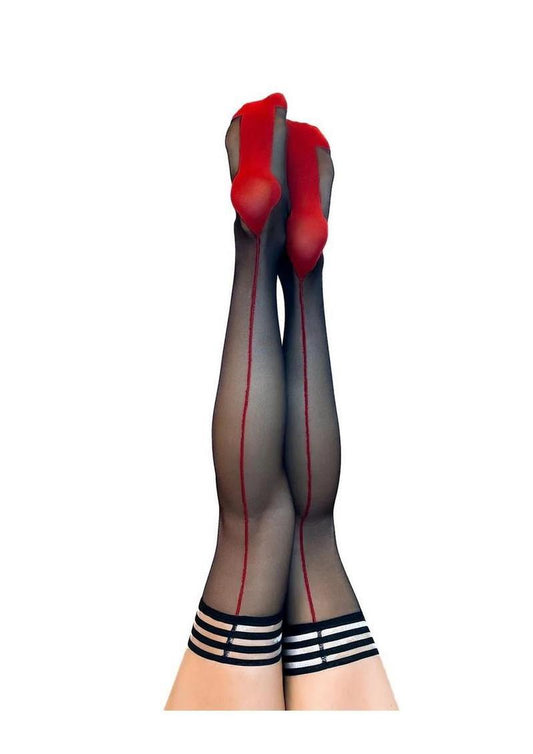 Kixies Ginny Sheer with Back Seamed Thigh Highs - Size C - Black/Red - Large