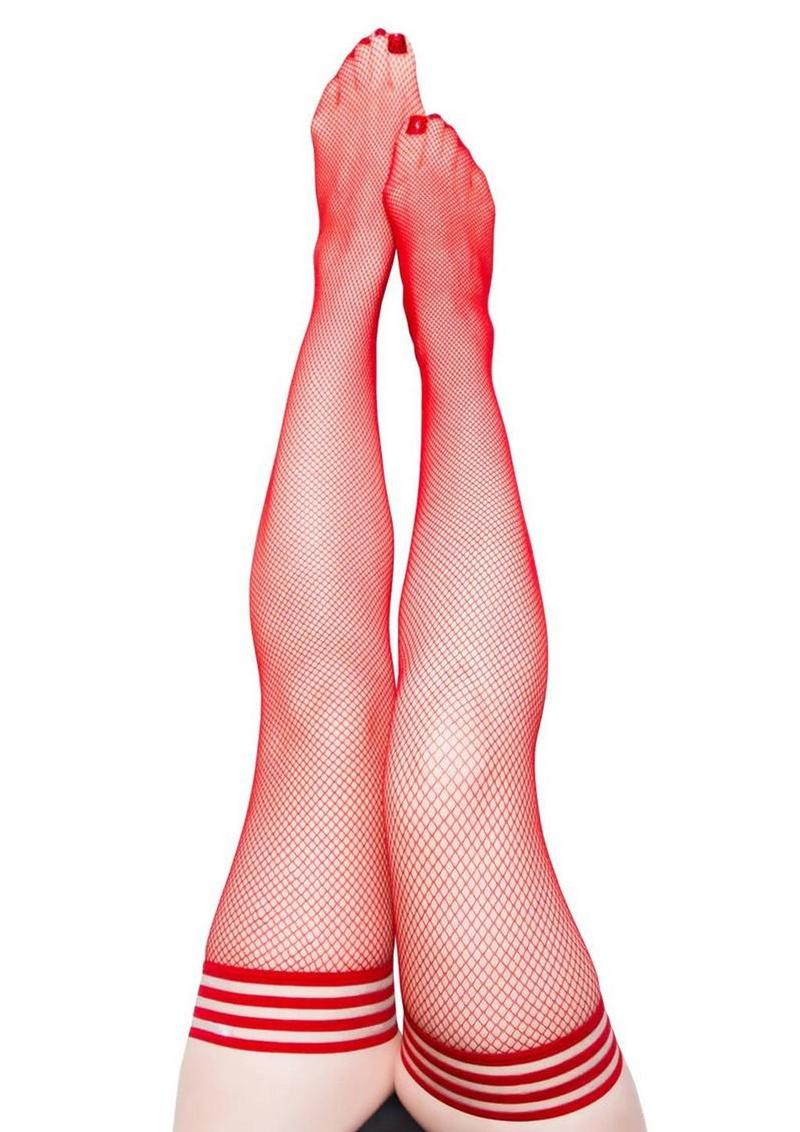 Kixies Sandra Fishnet Thigh High - Size A - Red - Small