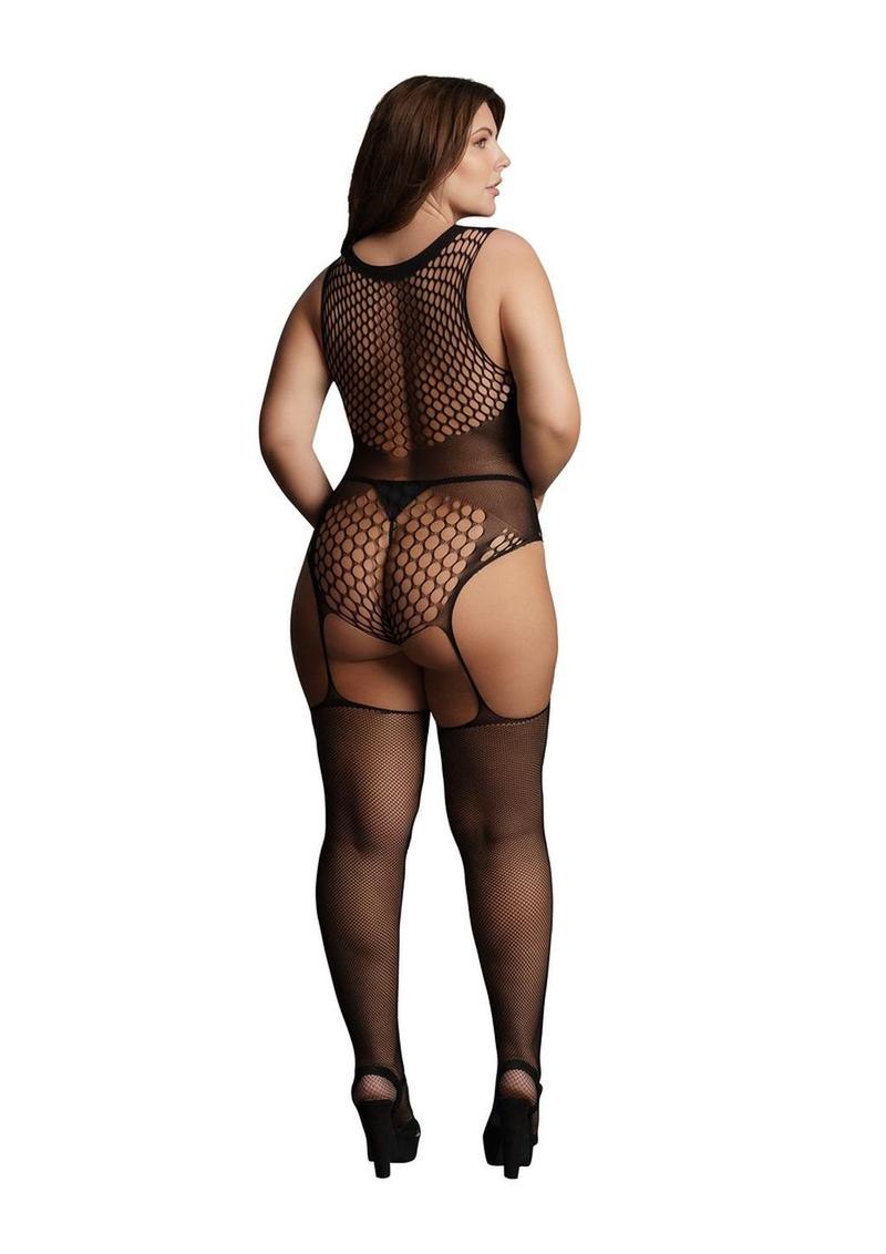 Le Desir Contrast Fence Net Suspender Bodystocking - Black - Queen