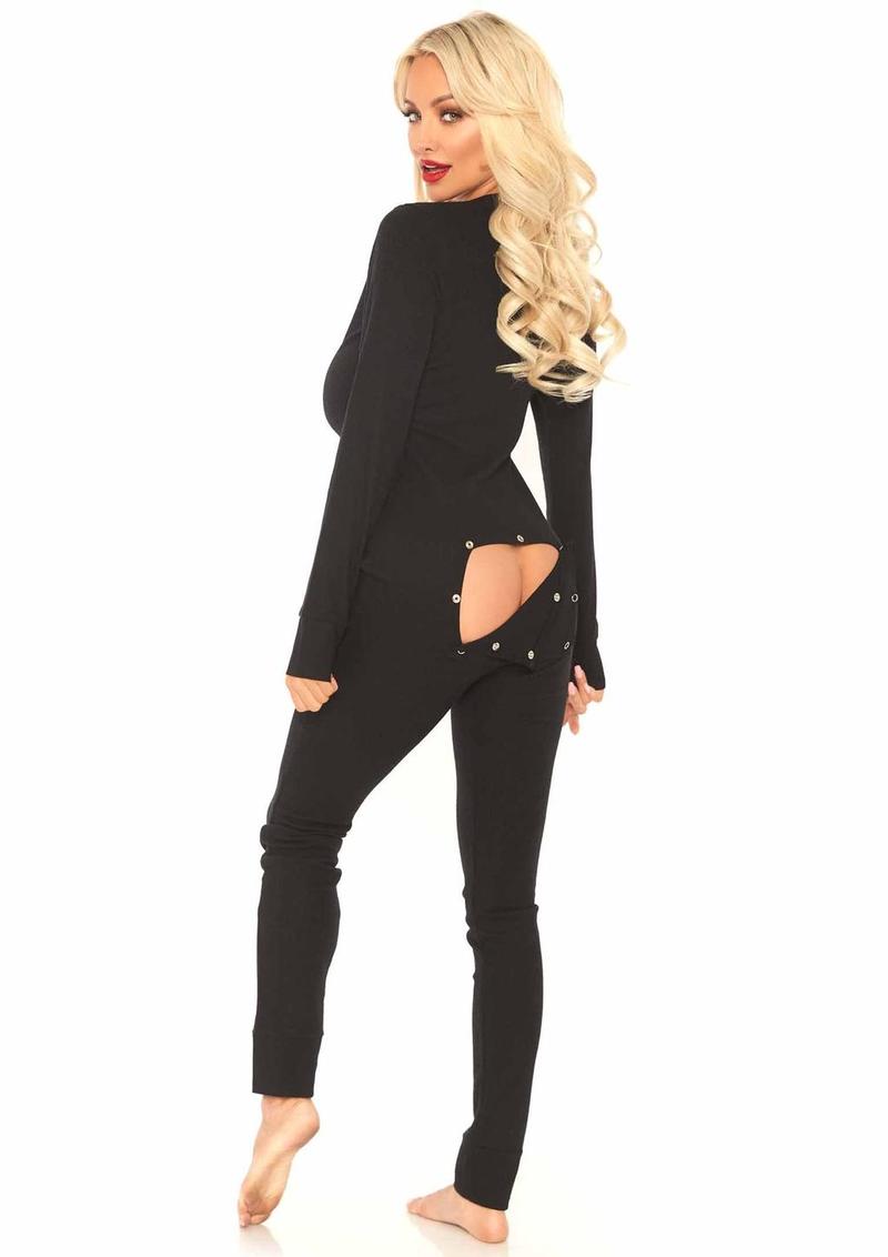 Leg Avenue Cozy Brushed Rib Long Johns with Cheeky Snap Closure Back Flap - Black - Large/Medium