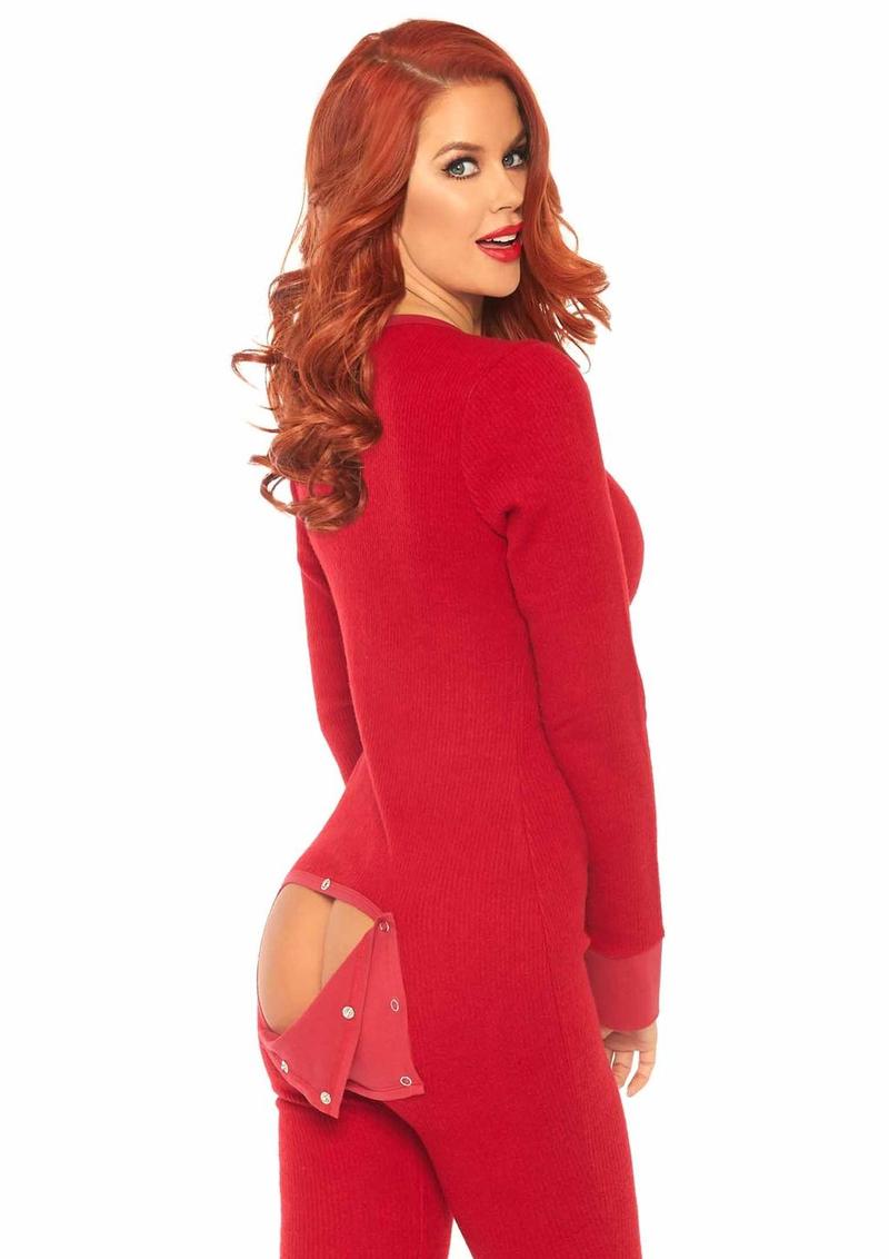 Leg Avenue Cozy Brushed Rib Long Johns with Cheeky Snap Closure Back Flap - Red - XLarge
