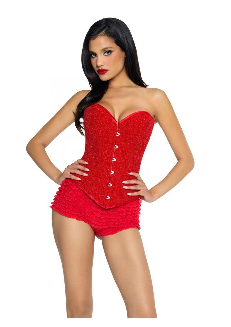 Leg Avenue Glitter Boned Corset with Busk Closer and Lace-Up Back - Red - Medium
