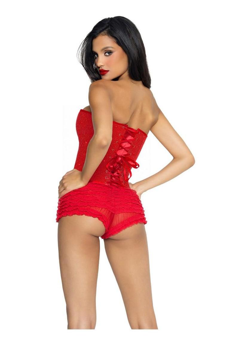 Leg Avenue Glitter Boned Corset with Busk Closer and Lace-Up Back - Red - Medium