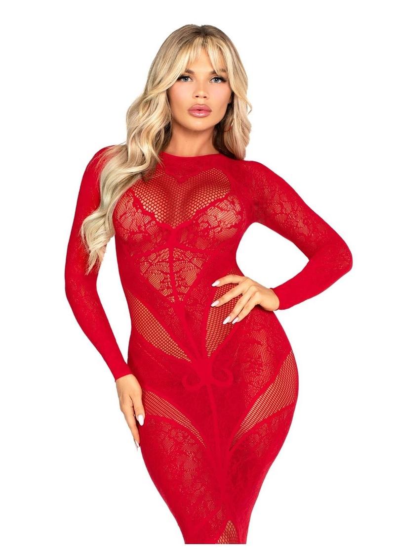 Leg Avenue Lace and Net Body Con Gown with Heart Keyhole Detail - Red - One Size
