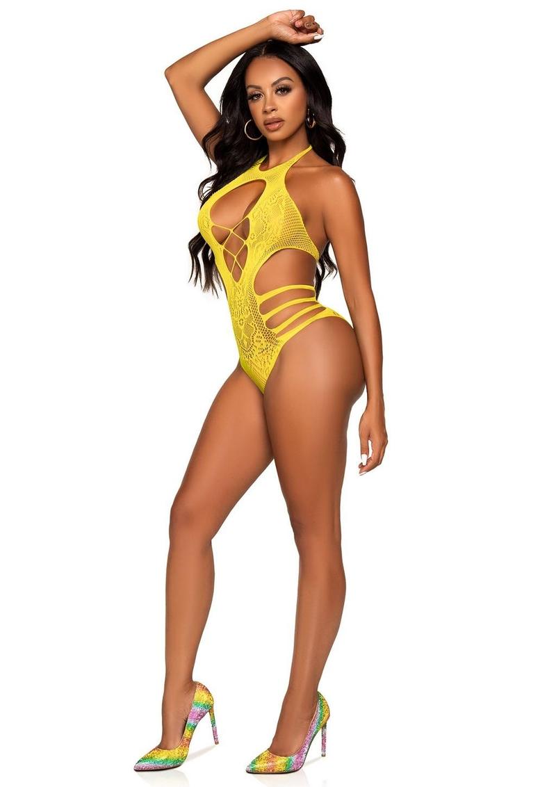 Leg Avenue Lace Cut Out Strappy Bodysuit - Yellow - One Size