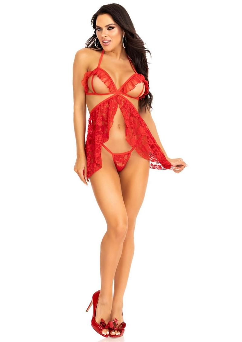 Leg Avenue Lace Flyaway Babydoll with Ruffle Peek-A-Boo Cups and Lace G-String - Red - Medium - 2 Piece