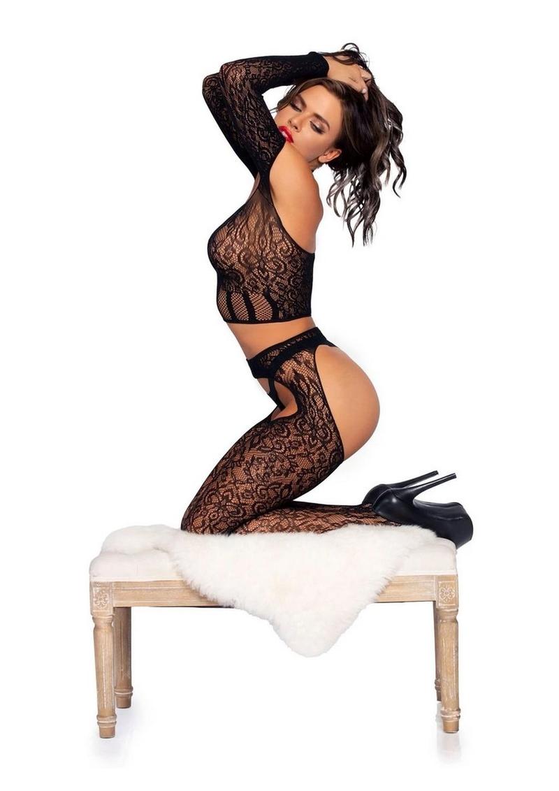 Leg Avenue Lace Long Sleeve Halter Choker Crop Top, Lace Suspender Hose, and G-String - Black - One Size - 3 Piece