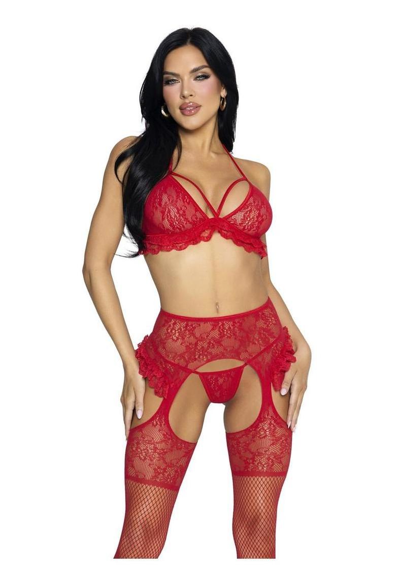 Leg Avenue Lace Ruffle Bra Top, G-String Panty, and Matching Garter Belt Stockings - Red - One Size - 3 Piece