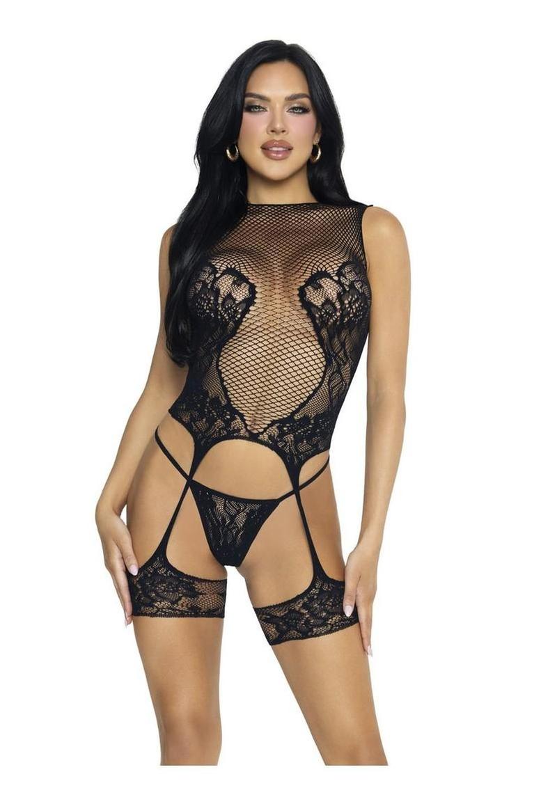 Leg Avenue Net and Lace Cami Garter and Matching G-String - Black - One Size - 2 Piece