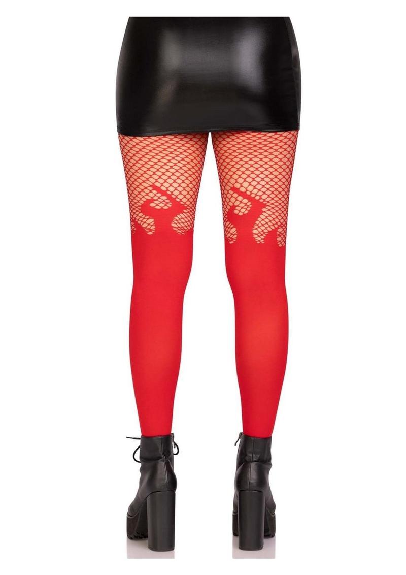 Leg Avenue Opaque Flame Tights with Fishnet Top - Red - One Size