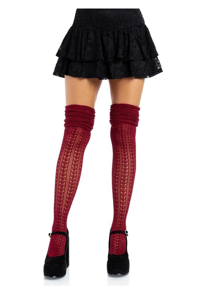 Leg Avenue Pointelle Acrylic Over The Knee Scrunch Sock - Burgundy - One Size