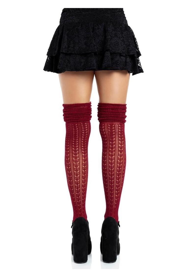 Leg Avenue Pointelle Acrylic Over The Knee Scrunch Sock - Burgundy - One Size
