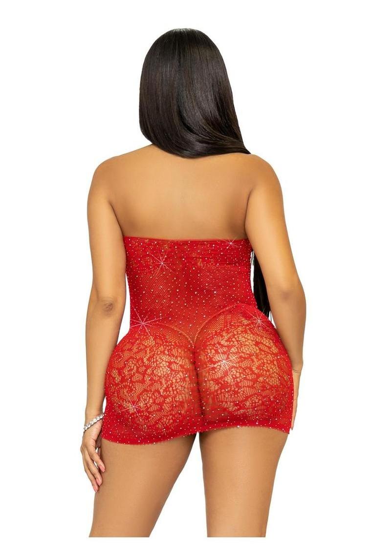 Leg Avenue Rhinestone Lace and Net Halter Mini Dress - Red - Os - Red