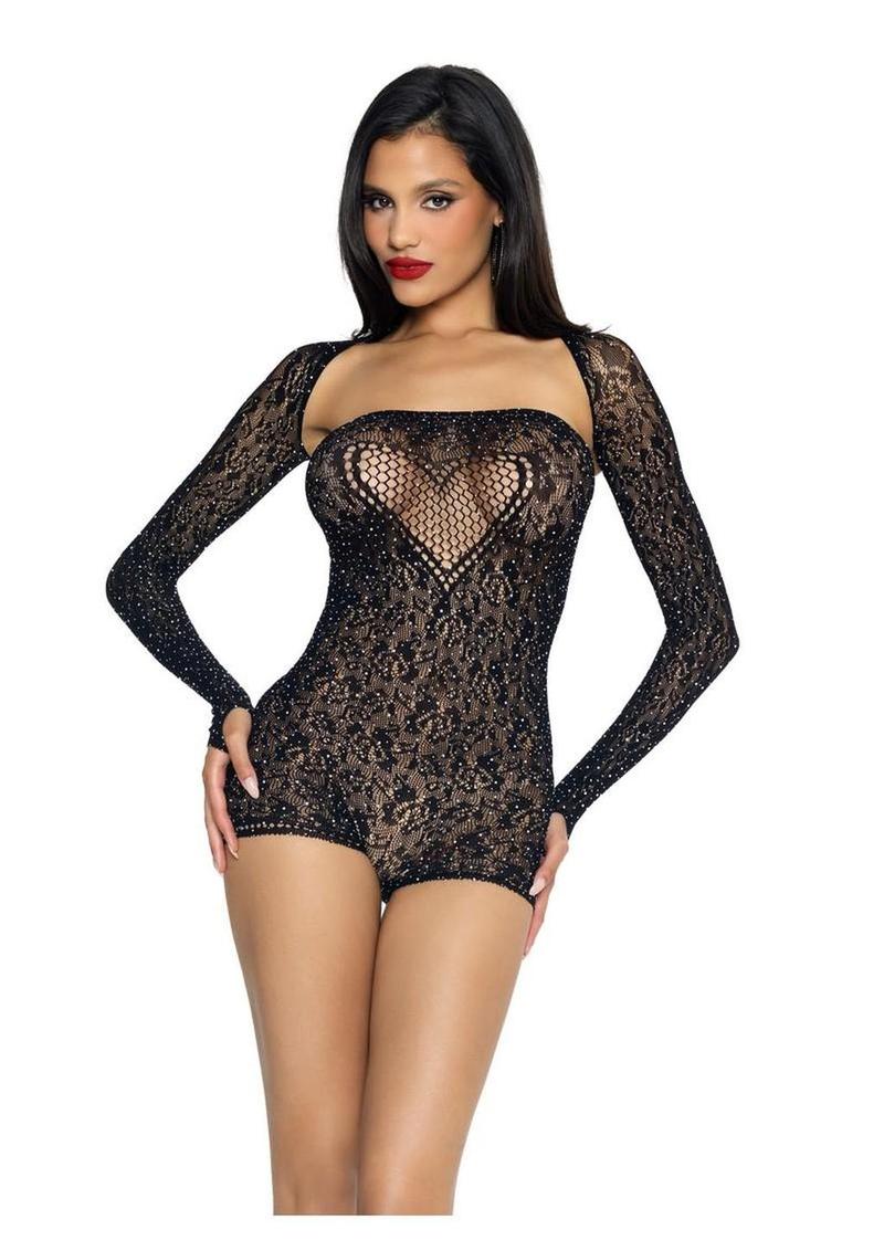 Leg Avenue Rhinestone Lace Strapless Sweetheart Romper and Matching Shrug - Black - One Size - 2 Piece