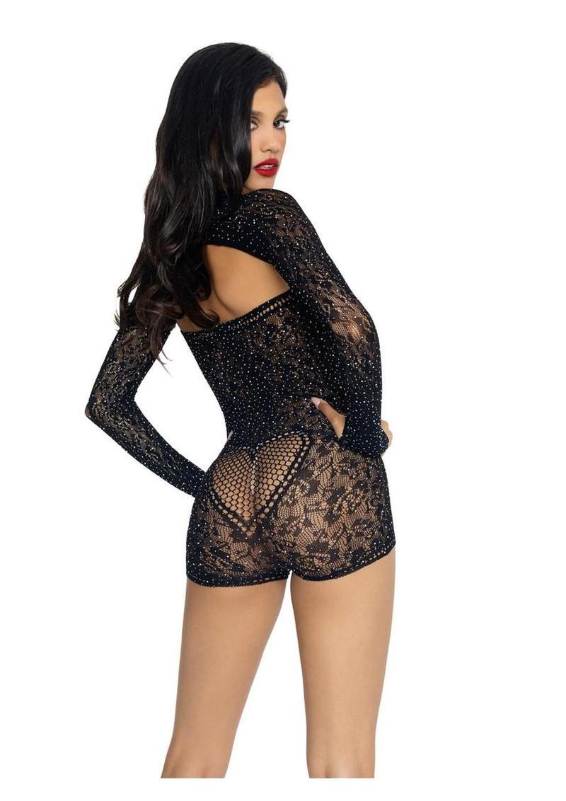 Leg Avenue Rhinestone Lace Strapless Sweetheart Romper and Matching Shrug - Black - One Size - 2 Piece