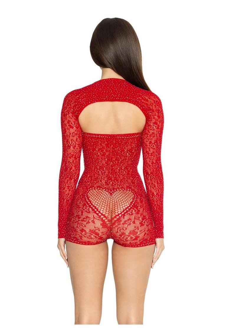 Leg Avenue Rhinestone Lace Strapless Sweetheart Romper and Matching Shrug - Red - One Size - 2 Piece