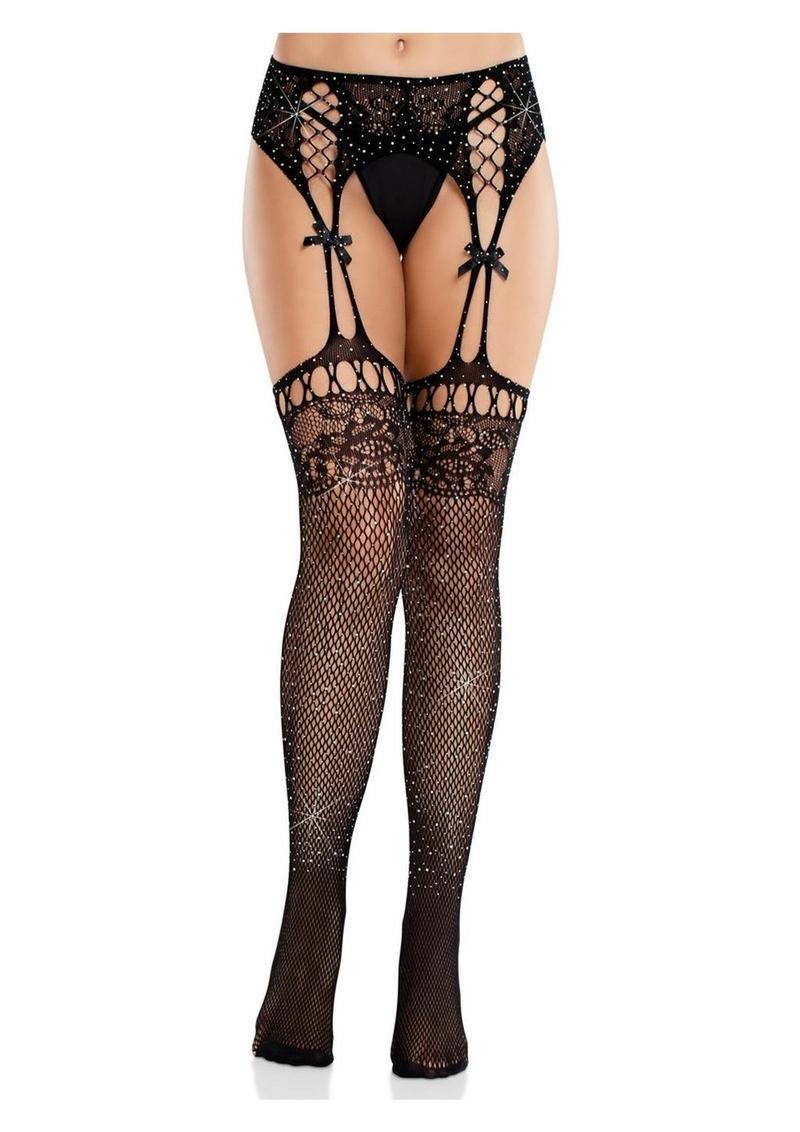Leg Avenue Rhinestone Lace Top Fishnet Stockings with Attached Garter Belt - Black - One Size