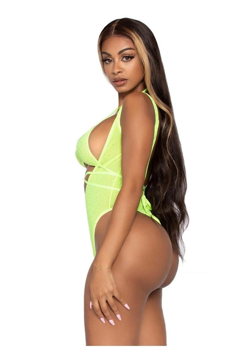 Leg Avenue Rhinestone Mesh Wrap Around Bikini Top and Suspender Bodysuit - Yellow - One Size - 2 Piece