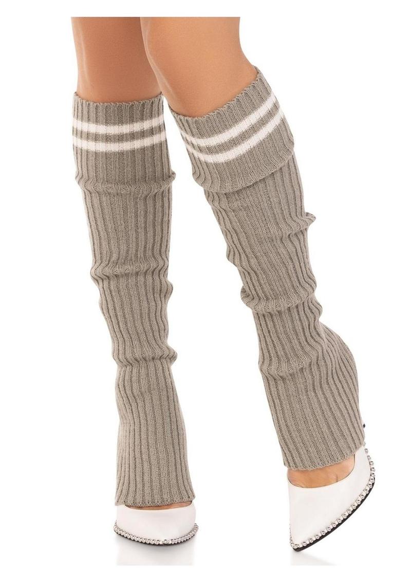 Leg Avenue Ribbed Stirrup Leg Warmers with Athletic Stripe - Grey - One Size
